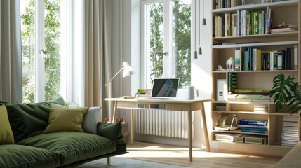 Canvas Print - Modern Living Room with Bookshelf and Desk