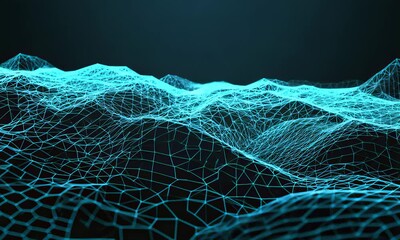Poster - Abstract digital landscape with a glowing blue mesh network