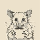 Fototapeta Dziecięca - animals with a cup of coffee or tea. stickers with cute animals. drawing of  animal on a light background front view.  autumn and winter drawings with animals. funny possum isolated on background