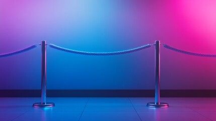Poster - A metallic stanchion rope barrier stands isolated against a smooth gradient background, showcasing its polished texture and providing ample space for branding or product presentation
