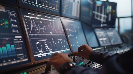 Poster - Engineer’s Hands Operating Control Panel Amidst Wind Turbine Data Screens