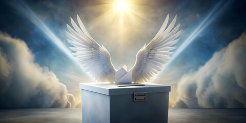 Canvas Print - Floating Ballot Box with Wings: Ethereal Close-Up Symbolizing the Power of Each Vote - Intricate Details and Soft Glow Against White Background in Photo Stock Concept