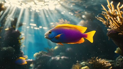 Wall Mural - Vibrant Fish Swimming Through Coral Reef Light Rays