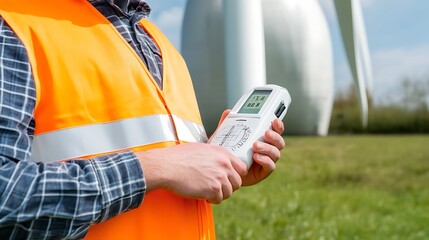 Poster - Engineer Holding Wind Measuring Device Near Turbine Base