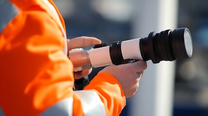 Poster - Engineer Holding Wind Measuring Device Near Turbine Base
