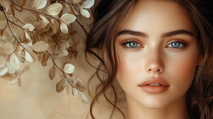 Wall Mural - Portrait of Beautiful Woman with Blue Eyes and Long Brown Hair