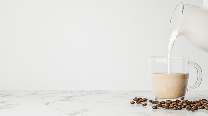 A hand gracefully pours milk from a white jug into a glass mug filled with iced coffee, with coffee beans artfully scattered nearby and another cup of brown liquid positioned next to them