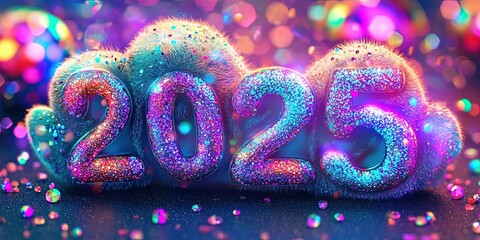 Poster - Futuristic typography with bold sparkling design for new year 2025 celebration. Bright glamorous postcard for the New Year 2025