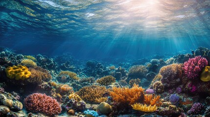 A peaceful coral garden beneath the waves, featuring bright colors and diverse marine life, bathed in soft, natural light from the surface.