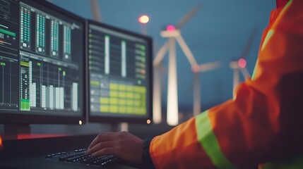 Poster - Engineer’s Hand on Keyboard with Wind Turbine Data Screens