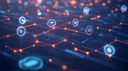 Poster - An illustrative depiction of a digital network featuring interconnected data nodes and glowing hexagonal symbols.