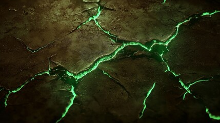 Poster - Mesmerizing scene with vibrant green light illuminating cracks on stone, creating a mysterious and powerful ambiance. Perfect for fantasy or sci-fi settings