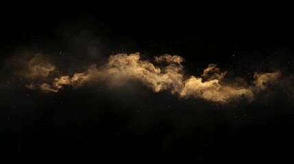 Poster - Golden particles burst and swirl against a black backdrop, creating abstract shapes with energy and motion. The explosion of gold dust offers a vibrant and dynamic display, perfect for wallpapers