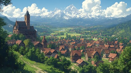 Wall Mural - Fantasy Medieval Village in Mountain Valley with Church and Snowy Peaks, Landscape Illustration