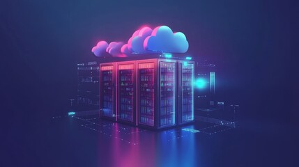 Poster - A futuristic depiction of cloud computing with illuminated servers and digital cloud icons, highlighting technological innovations.