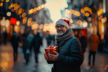 middle-aged person with red festive Christmas hat