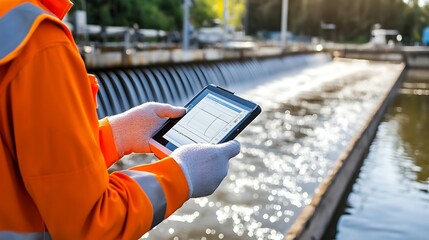 Poster - Engineer Holding Inspection Tool Near Water Turbine at Dam