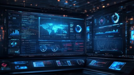 Poster - A high-tech control room filled with digital screens and analytics interfaces, emphasizing data-driven technology.