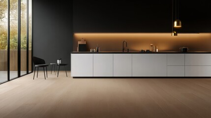 Poster - The kitchen showcases a minimalist design with clean white cabinetry and brass fixtures, complemented by warm wooden flooring and ample natural light, ideal for modern living