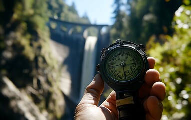 Poster - Engineer Gripping Measuring Device Near Edge of Dam