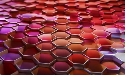 Poster - A close-up abstract image of a repeating pattern of hexagonal shapes in shades of red, orange, and pink. The hexagons create a flowing, undulating surface.