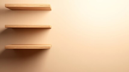 Poster - A set of minimalistic wooden shelves paired with a small side table is showcased on a light beige background, emphasizing modern design and simplicity