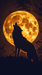  A silhouette of a wolf howling against a vibrant, oversized moon, creating a mystical atmosphere in the night sky.