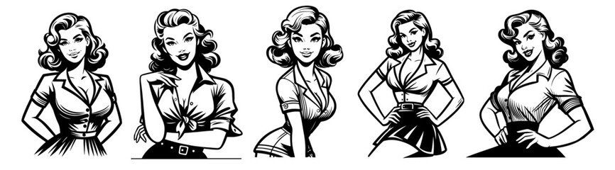 Wall Mural - hand-drawn pin-up girl collection in classic retro style, black vector illustration