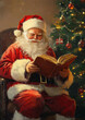© Monktwins - Smiling Santa Claus sitting in a chair next to the Christmas tree and reading a book. Vintage style Christmas and New Year greeting card.