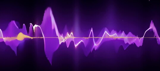 Poster - A vibrant abstract visualization of sound waves with purple and yellow hues, creating a dynamic and energetic pattern. The waves rise and fall, suggesting movement and rhythm.