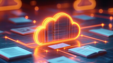 Poster - A futuristic glowing cloud icon on a network with floating documents, symbolizing cloud technology and data storage.
