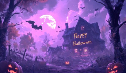 Wall Mural - A spooky Halloween background with purple tones and the words 