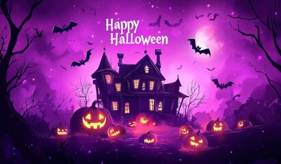 Wall Mural - A spooky Halloween background with purple hues and the text 
