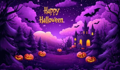 Wall Mural - Halloween background with a purple color scheme, a dark night sky filled with stars and the moon, trees in the forest, pink clouds, flying bats, a castle, the text 