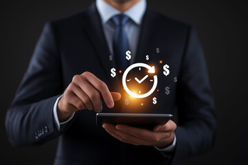 Time is money concept with a businessman holding a tablet. Time management and increasing efficiency with clock and money icon.