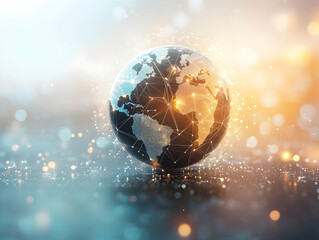 Poster - Flat Globe with Network Connections on Abstract Bokeh Background | Global Community & Business Connections in Simple Vector Illustration