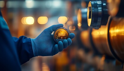 Poster - Engineer Holding Water Flow Meter with Control Knobs Nearby