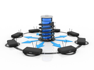 Poster - 3d rendering Transmitter WiFi with database connected optical cable