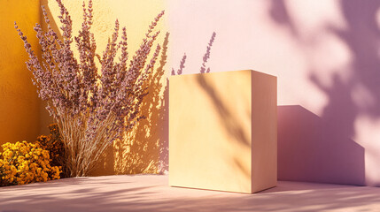 serene composition featuring minimalist yellow pedestal against vibrant backdrop of lavender and yellow flowers. soft shadows create tranquil atmosphere