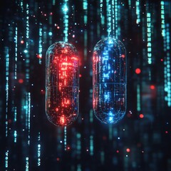 Aufkleber - Red and blue digital capsules suspended in a virtual, futuristic matrix symbolize technology and digital innovation.