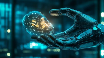 Poster - A robotic hand grasps digital pills, illustrating the intersection of artificial intelligence and medical progress.