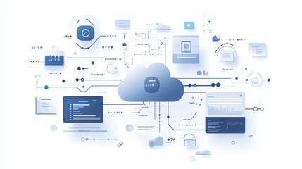 Poster - A digital illustration symbolizing cloud computing with network connections and data flow elements, emphasizing modern technology integration.