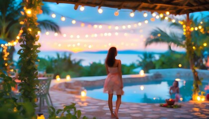 Serene sunset reflection of a woman in a spa pool surrounded by breathtaking scenery