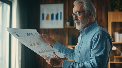 Wall Mural - Senior businessman analyzing charts and graphs in modern office