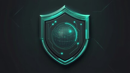 Poster - This digital artwork depicts a 3D shield with a glowing green globe, symbolizing cybersecurity and global data protection efforts.