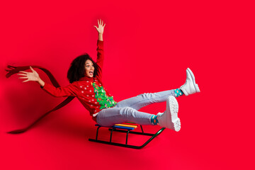 Poster - Photo of crazy holly jolly girl wear ugly ornament pullover have fun entertainment holiday empty space isolated on red color background