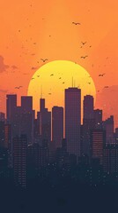 Wall Mural - A vibrant sunset casting golden hues over a city skyline, with silhouettes of buildings and birds in the warm evening sky.