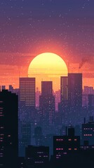 Wall Mural - A vibrant sunset over a city skyline, featuring silhouettes of buildings against a colorful sky with warm orange and purple hues.