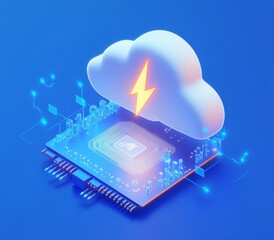 Poster - A modern representation of cloud computing technology is showcased with a microchip and digital symbols in a blue backdrop.