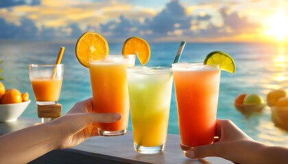 Wall Mural - Vibrant array of fruit smoothies displayed on a counter in a lively juice bar